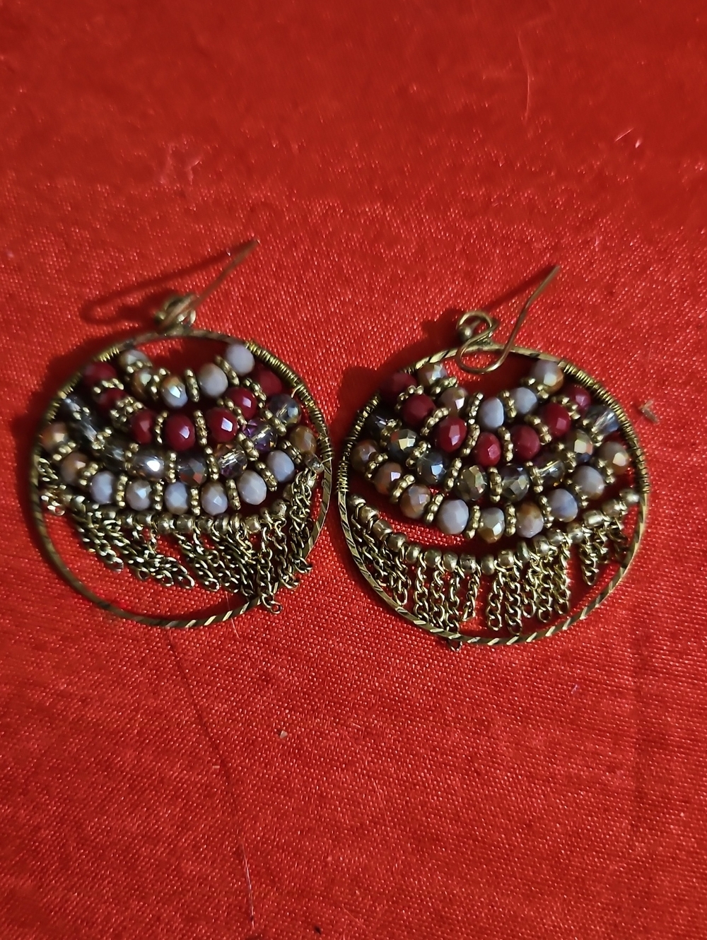 Bohemian-Style Beaded Hoop Dangle Earrings - Crystals - Metal Fringe